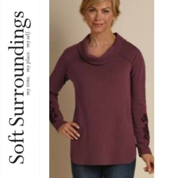 SOFT SURROUNDINGS Burgundy Red Thermal Embroidered Cowl Neck Top Cotton Fall - Picture 1 of 12